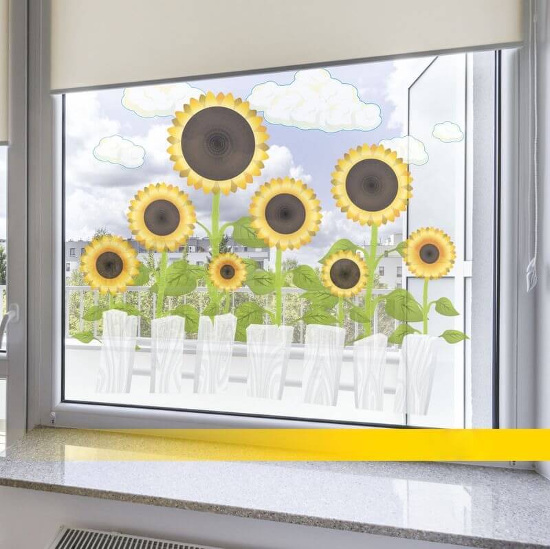 Fensteraufkleber Sonnenblumen und weißer Zaun