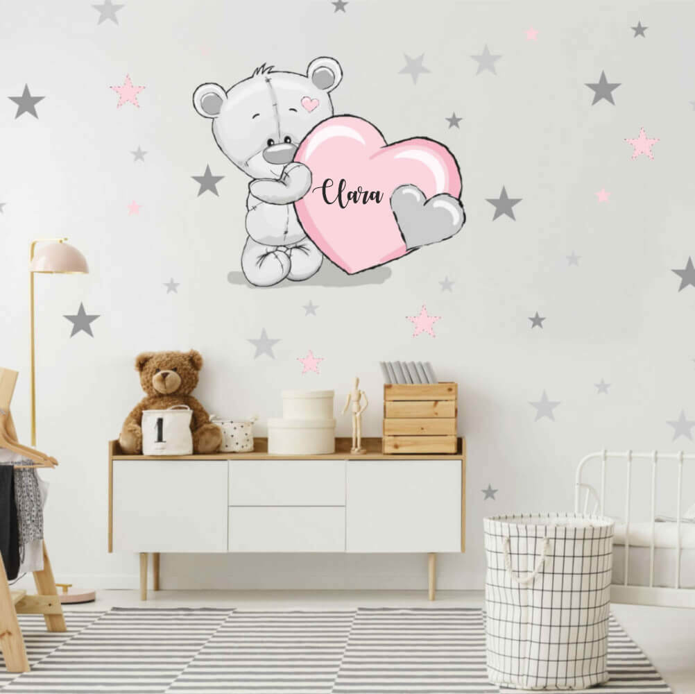 Wandaufkleber Sticker - puderfarbener Teddybär mit Sternen und Name