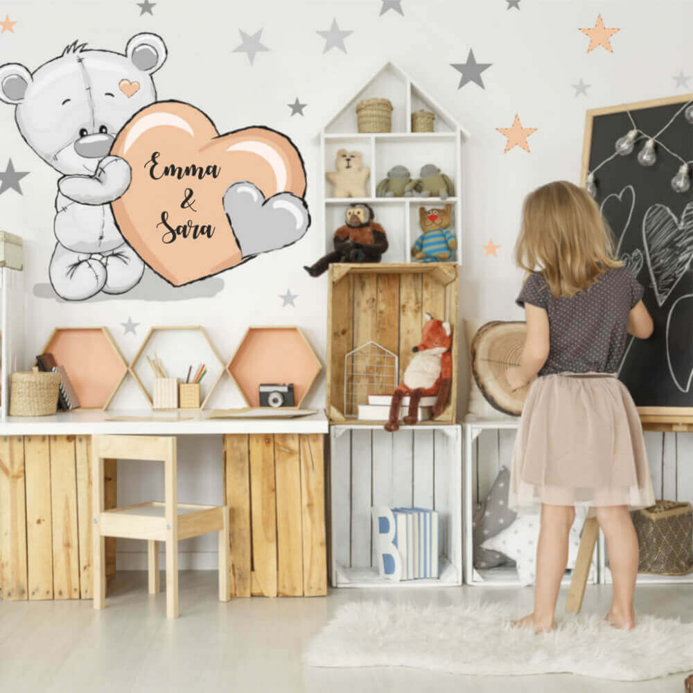 Wandtattoo für Kinder - Aprikosenfarbene Sterne mit Teddybär