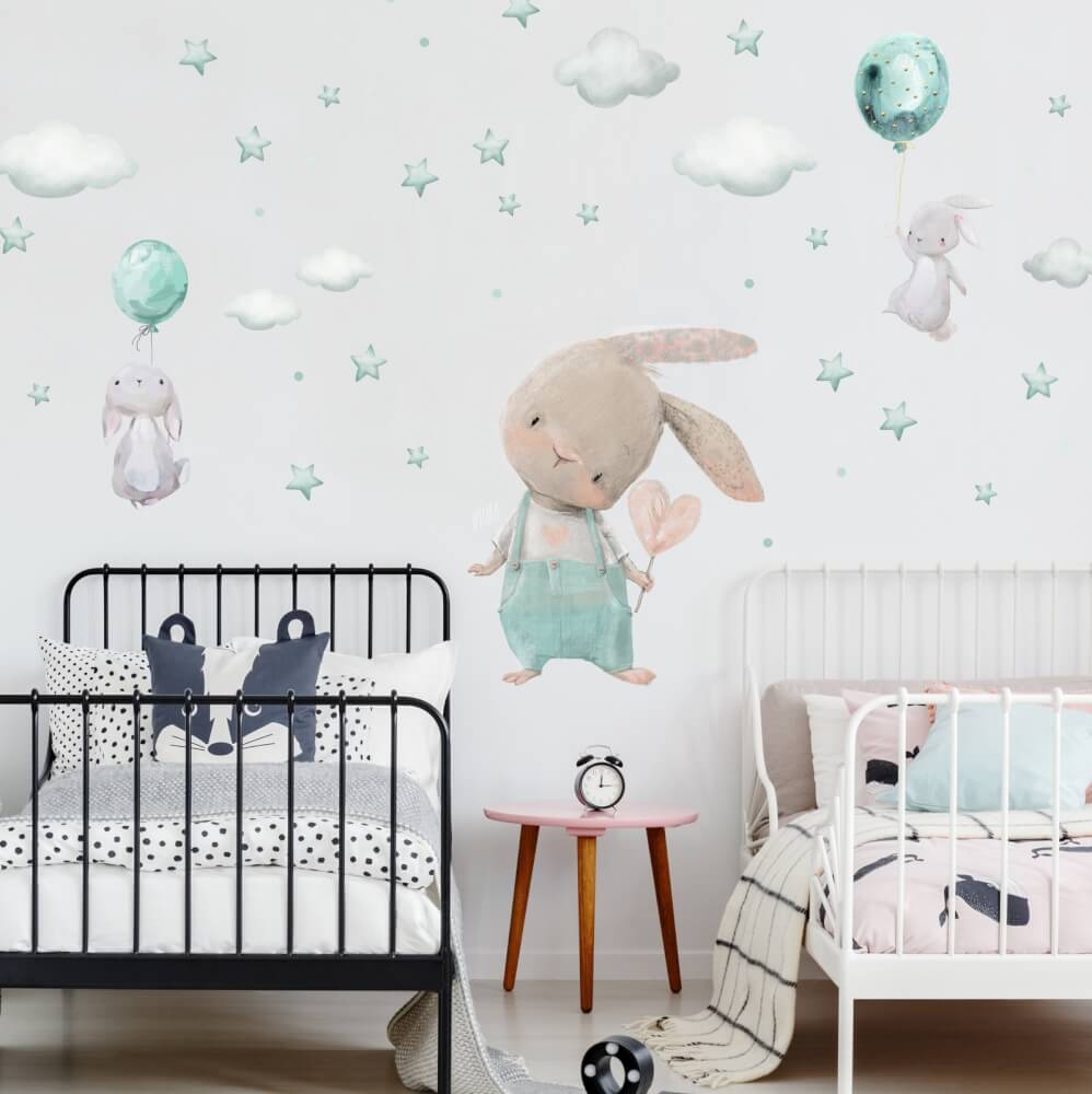 Wandtattoo für Kinderzimmer - Hasen, Sterne und Wolken