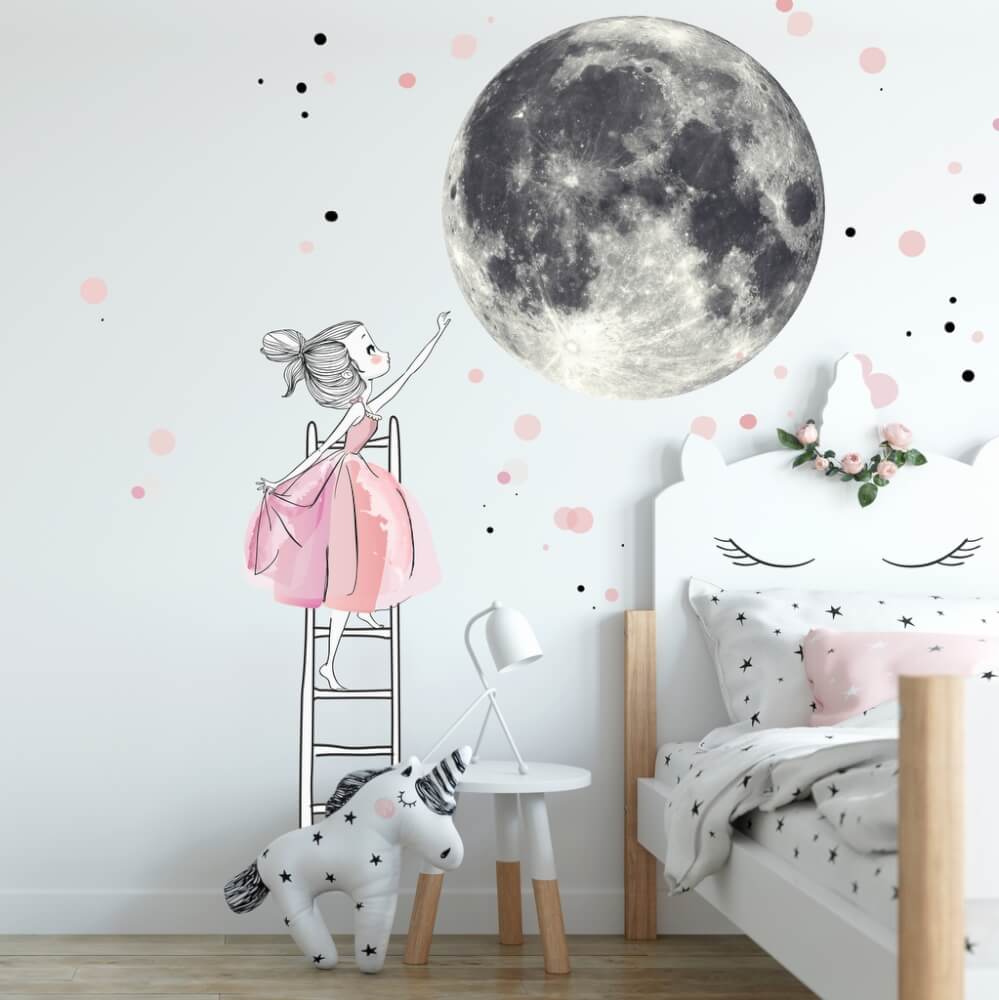 Selbstklebende Wandtattoos - Mond und Mädchen auf Leiter