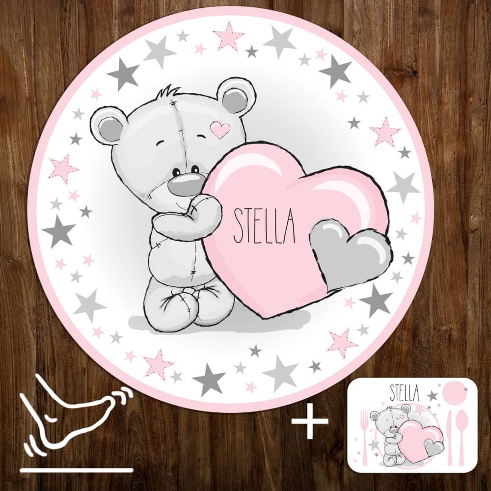 Kinderzimmer teppich - Puderfarbener Teddybär mit Sternen und Name